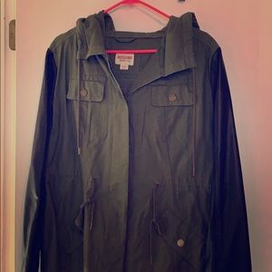 Army green jacket with faux leather sleeves